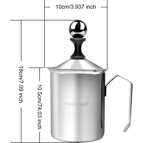  HAPTIME Manual Milk Creamer Hand Pump Frother Cappuccino Latte Coffee Foam Pitcher with Handle, Lid, Double Layer Filter Screen, Stainless Steel, 17-Ounce Capacity (500ml)