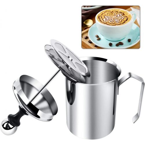  HAPTIME Manual Milk Creamer Hand Pump Frother Cappuccino Latte Coffee Foam Pitcher with Handle, Lid, Double Layer Filter Screen, Stainless Steel, 17-Ounce Capacity (500ml)