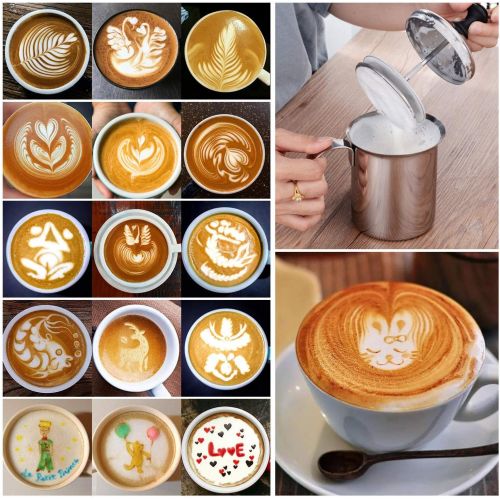  Manual Milk Creamer Hand Pump Frother Cappuccino Latte Coffee Foam Pitcher with Handle, Lid, Double Layer Filter Screen, Stainless Steel, 17-Ounce Capacity (500ml): Kitchen & Dinin