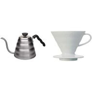 Hario Wasserkocher, Edelstahl, Silber, 1 & VDC-02W V60 Kaffeefilterhalter, Porzellan, Groesse 2, 1-4 Tassen, weiss