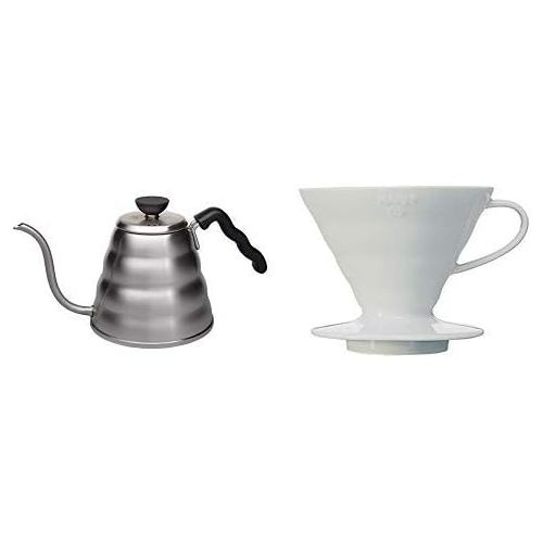  HARIO Hario Wasserkocher, Edelstahl, Silber, 1 & VDC-02W V60 Kaffeefilterhalter, Porzellan, Groesse 2, 1-4 Tassen, weiss