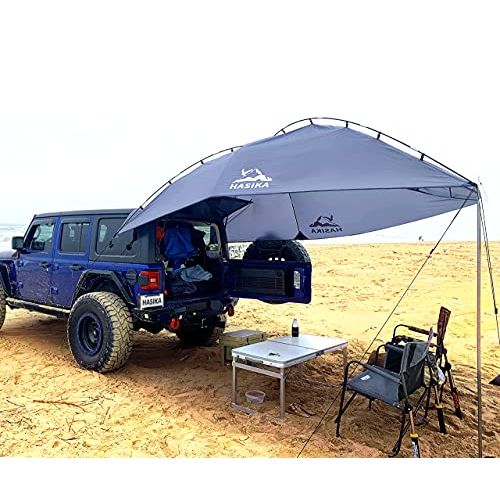  HASIKA Versatility Teardrop Awning for SUV RVing, Car Camping, Trailer and Overlanding Light Weight Truck Canopy Durable Tear Resistant Tarp with 2 Sandbag