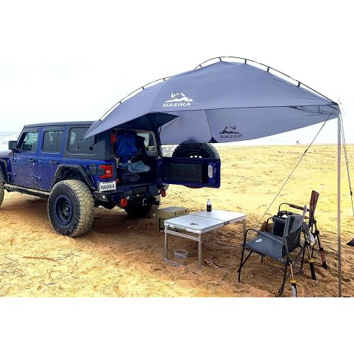  HASIKA Versatility Teardrop Awning for SUV RVing, Car Camping, Trailer and Overlanding Light Weight Truck Canopy Durable Tear Resistant Tarp with 2 Sandbag