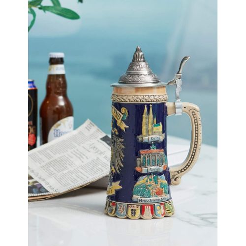  [아마존베스트]HAUCOZE Beer Stein German Beer Stein Ceramic Beer Mug Handmade Cup Tankard Petwer Lid Germany Coats of Arms Relief Gifts Souvenirs Giftbox 0.6 Liter