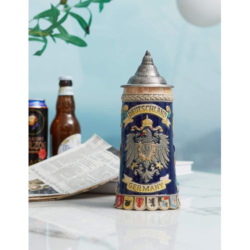  [아마존베스트]HAUCOZE Beer Stein German Beer Stein Ceramic Beer Mug Handmade Cup Tankard Petwer Lid Germany Coats of Arms Relief Gifts Souvenirs Giftbox 0.6 Liter