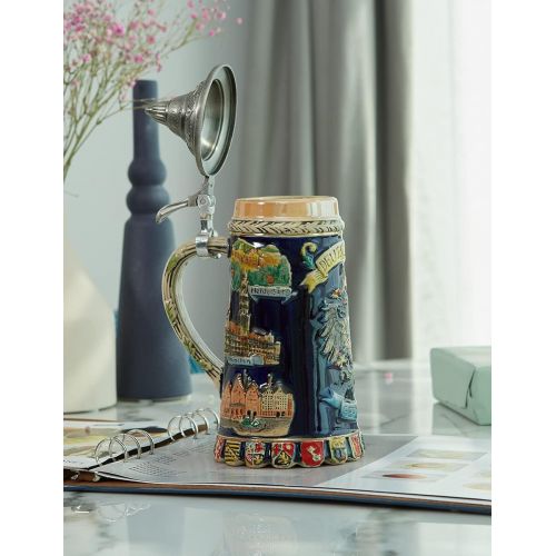  [아마존베스트]HAUCOZE Beer Stein German Beer Stein Ceramic Beer Mug Handmade Cup Tankard Petwer Lid Germany Coats of Arms Relief Gifts Souvenirs Giftbox 0.6 Liter