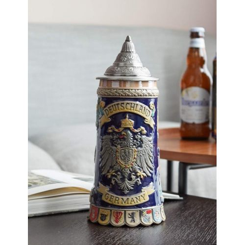  [아마존베스트]HAUCOZE Beer Stein German Beer Stein Ceramic Beer Mug Handmade Cup Tankard Petwer Lid Germany Coats of Arms Relief Gifts Souvenirs Giftbox 0.6 Liter