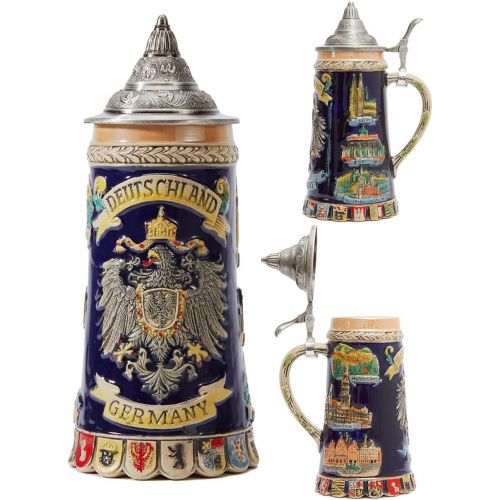  [아마존베스트]HAUCOZE Beer Stein German Beer Stein Ceramic Beer Mug Handmade Cup Tankard Petwer Lid Germany Coats of Arms Relief Gifts Souvenirs Giftbox 0.6 Liter