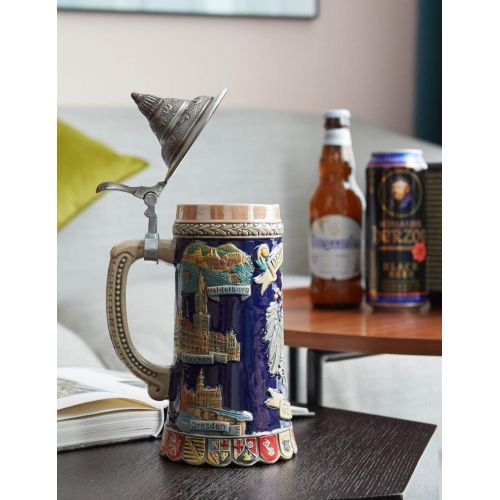  [아마존베스트]HAUCOZE Beer Stein German Beer Stein Ceramic Beer Mug Handmade Cup Tankard Petwer Lid Germany Coats of Arms Relief Gifts Souvenirs Giftbox 0.6 Liter