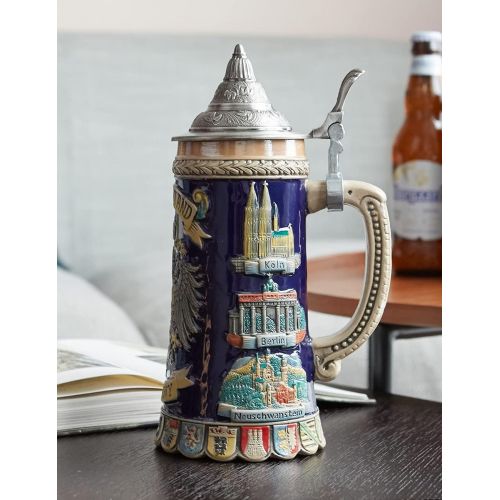  [아마존베스트]HAUCOZE Beer Stein German Beer Stein Ceramic Beer Mug Handmade Cup Tankard Petwer Lid Germany Coats of Arms Relief Gifts Souvenirs Giftbox 0.6 Liter