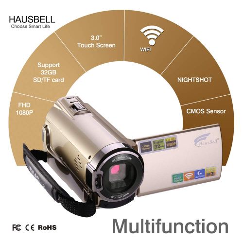  Camcorder, Hausbell Camcorder with Wifi,HDV-5052 1920x1080p Digital Video Camera Camcorder with Infrared Night Vision, Touch Screen and HDMI Output (Golden)