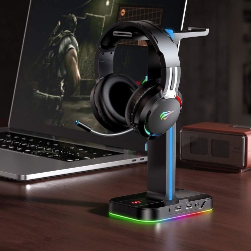  [아마존베스트]Havit Headset Stand RGB Dual Balance with 2 USB Ports, Desktop Headset Stand, Durable Gaming Headset Holder for PC Gamer Headset Accessories, Black (TH650)