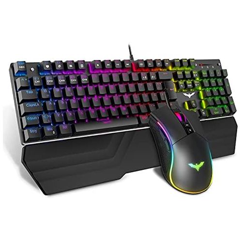  [아마존베스트]havit Mechanical Gaming Keyboard and Mouse Set RGB Backlit QWERTZ (DE-Layout), Aluminium Surface and Palm Rest, 4800DPI RGB Gaming Mouse with 7 Buttons (KB389L)