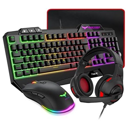  [아마존베스트]Havit Gaming Keyboard and Mouse Set, LED Backlight QWERTZ (German Layout), 7 Buttons Gaming Mouse with 4 LEDs as Lighting (800/1200/1600/2400 DPI Adjustable)