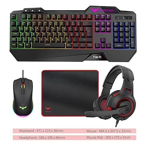  [아마존베스트]Havit Gaming Keyboard and Mouse Set, LED Backlight QWERTZ (German Layout), 7 Buttons Gaming Mouse with 4 LEDs as Lighting (800/1200/1600/2400 DPI Adjustable)