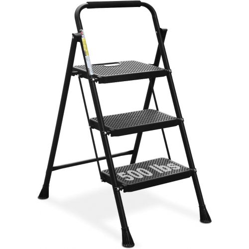  HBTower 3 Step Ladder, Folding Step Stool with Wide Anti-Slip Pedal, 500lbs Sturdy Steel Ladder, Convenient Handgrip, Lightweight, Portable Steel Step Stool, Black