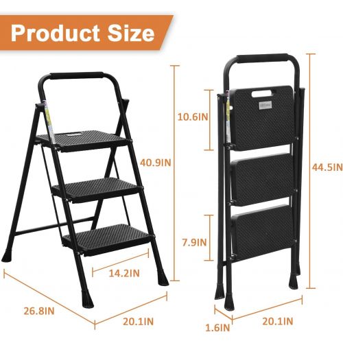  HBTower 3 Step Ladder, Folding Step Stool with Wide Anti-Slip Pedal, 500lbs Sturdy Steel Ladder, Convenient Handgrip, Lightweight, Portable Steel Step Stool, Black