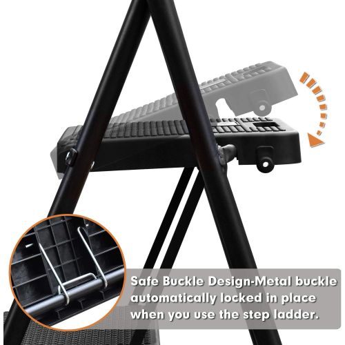  HBTower 3 Step Ladder, Folding Step Stool with Wide Anti-Slip Pedal, 500lbs Sturdy Steel Ladder, Convenient Handgrip, Lightweight, Portable Steel Step Stool, Black