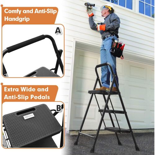  HBTower 3 Step Ladder, Folding Step Stool with Wide Anti-Slip Pedal, 500lbs Sturdy Steel Ladder, Convenient Handgrip, Lightweight, Portable Steel Step Stool, Black