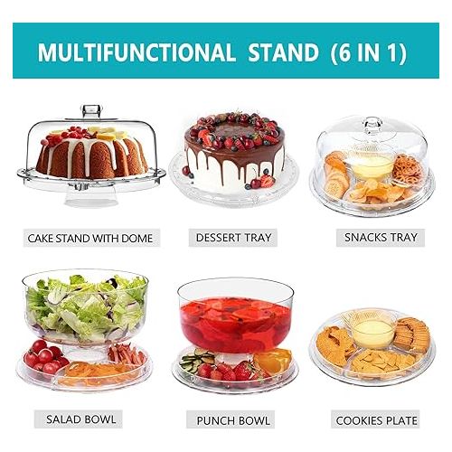  HBlife Acrylic Cake Stand with Dome Cover Multifunctional Serving Cookie Platter Punch Bowl and Cake Plate for Dessert Table Display for Parties (6 Uses)