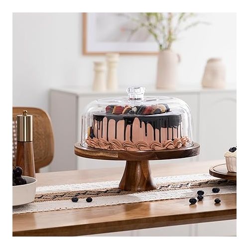  HBlife Cake Stand with Lid Multifunctional Cake Stand with Acrylic Dome Acacia Wood 6-in-1 Cake Plate Display Stand with Cover for Baking Gifts, Birthday Kitchen Parties, Weddings