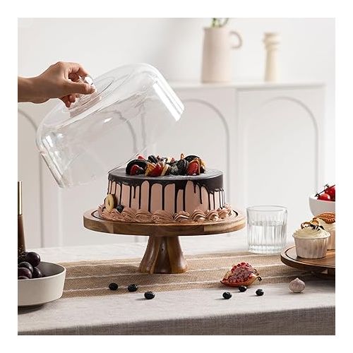  HBlife Cake Stand with Lid Multifunctional Cake Stand with Acrylic Dome Acacia Wood 6-in-1 Cake Plate Display Stand with Cover for Baking Gifts, Birthday Kitchen Parties, Weddings