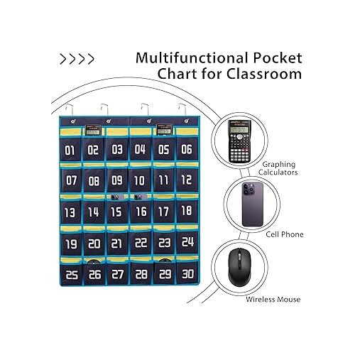  HBlife 30 Pockets Numbered Classroom Organizer Pocket Chart Cell Phones Holder Wall Door Hanging Storage Bag (Blue, 1 Pack)