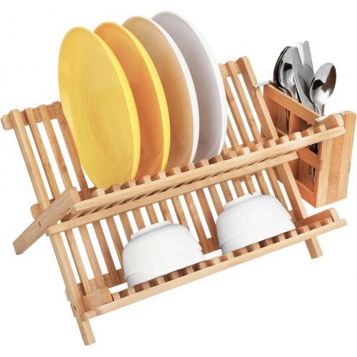  HBlife Dish Rack, Bamboo Folding 2-Tier Collapsible Drainer Dish Drying Rack With Utensils Flatware Holder Set (1, Dish Rack With Utensil Holder)