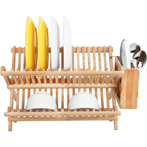  HBlife Dish Rack, Bamboo Folding 2-Tier Collapsible Drainer Dish Drying Rack With Utensils Flatware Holder Set (1, Dish Rack With Utensil Holder)