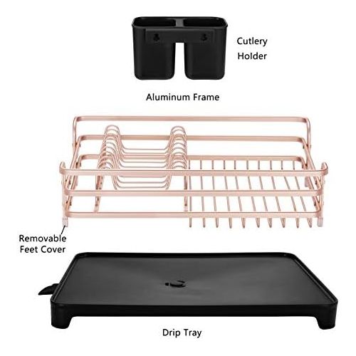  Aluminum Dish Drying Rack,HabiLife Never Rust Sink Dish Drying Rack with Utensil Holder, Removable Plastic Drainer Tray with Adjustable Swivel Spout(Rose Gold))