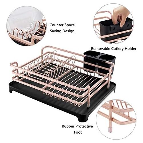  Aluminum Dish Drying Rack,HabiLife Never Rust Sink Dish Drying Rack with Utensil Holder, Removable Plastic Drainer Tray with Adjustable Swivel Spout(Rose Gold))