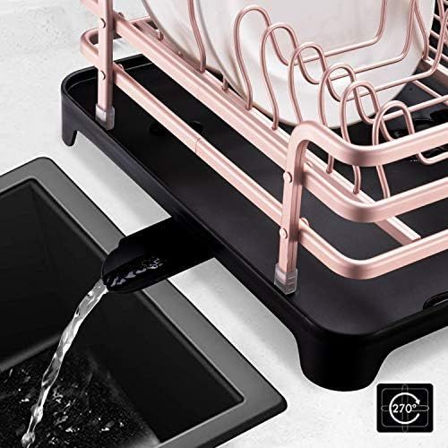  Aluminum Dish Drying Rack,HabiLife Never Rust Sink Dish Drying Rack with Utensil Holder, Removable Plastic Drainer Tray with Adjustable Swivel Spout(Rose Gold))