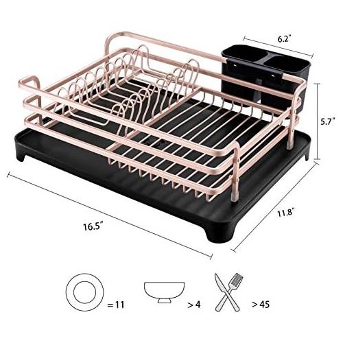  Aluminum Dish Drying Rack,HabiLife Never Rust Sink Dish Drying Rack with Utensil Holder, Removable Plastic Drainer Tray with Adjustable Swivel Spout(Rose Gold))