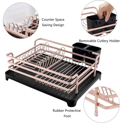  Aluminum Dish Drying Rack,HabiLife Never Rust Sink Dish Drying Rack with Utensil Holder, Removable Plastic Drainer Tray with Adjustable Swivel Spout(Rose Gold))