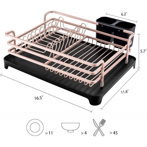  Aluminum Dish Drying Rack,HabiLife Never Rust Sink Dish Drying Rack with Utensil Holder, Removable Plastic Drainer Tray with Adjustable Swivel Spout(Rose Gold))