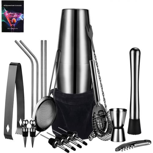  [아마존베스트]HabiLife 21 Piece Cocktail Shaker Set - Stainless Steel Bartender Kit Bar Set with 25oz/18oz Boston Shaker, Muddler, Double Jigger, Mixing Spoon & More, Perfect for Home Bars and P