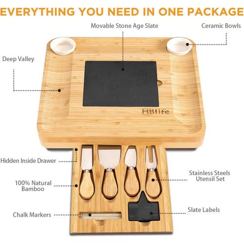  [아마존베스트]HB-life Natural Bamboo Cheese Board & Cutlery Set with Slide-Out Drawer and Knife,Charcuterie Platter & Serving Tray,House Warming Gift & Perfect Choice for Christmas Wedding Birthday Anni