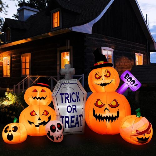  할로윈 용품HBlife 8 FT Halloween Decorations Inflatable Pumpkin, Blow Up Animated Gray Tombstone Pumpkin with Build-in LEDs, Outdoor Inflatable Decoration for Front Yard, Porch, Lawm or Hallo