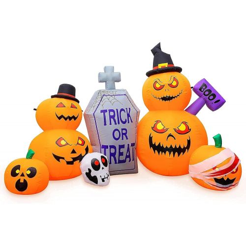  할로윈 용품HBlife 8 FT Halloween Decorations Inflatable Pumpkin, Blow Up Animated Gray Tombstone Pumpkin with Build-in LEDs, Outdoor Inflatable Decoration for Front Yard, Porch, Lawm or Hallo