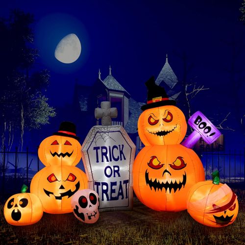  할로윈 용품HBlife 8 FT Halloween Decorations Inflatable Pumpkin, Blow Up Animated Gray Tombstone Pumpkin with Build-in LEDs, Outdoor Inflatable Decoration for Front Yard, Porch, Lawm or Hallo