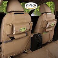 HCMAX 2 Pack Car Seat Back Organizer Pocket Backseat Protector Storage Kick Mat Ipad Mini Holder iPhone Cup Holder Umbrella Tissue Box Great Travel Accessory PU Leather Beige