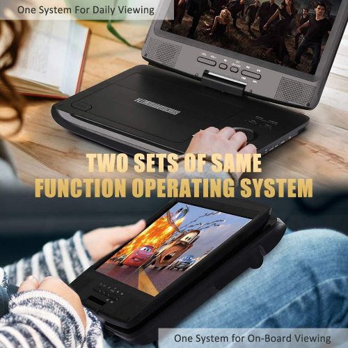  [아마존베스트]HD JUNTUNKOR 12.5 Portable DVD Player with 5 Hrs Rechargeable Battery, Unique Design for Dual Use Purpose, 10.1 HD Swivel Screen, Car Headrest Case, Remote Control, Car Charger, US