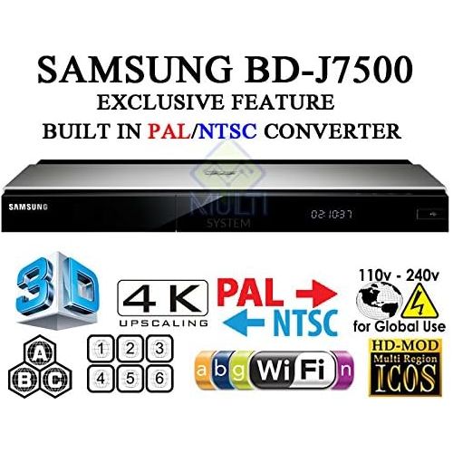 삼성 HD-ICOS SAMSUNG J7500 - 2K4K Upscale - 2D3D - Wi-Fi - Dual HDMI - Region Free Blu Ray Disc DVD Player - PALNTSC - USB - 100-240V 5060Hz for World-Wide Use & 6 Feet Multi System HDMI Ca