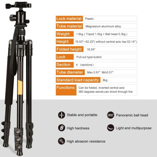  HDStars 62-Inch Multi-Angle Tripod with 360 Degree Ball Head - Reversible Tripod Legs - Quick Release Plate (Magnesium Aluminum Alloy 62, 158cm Tripod (BO)