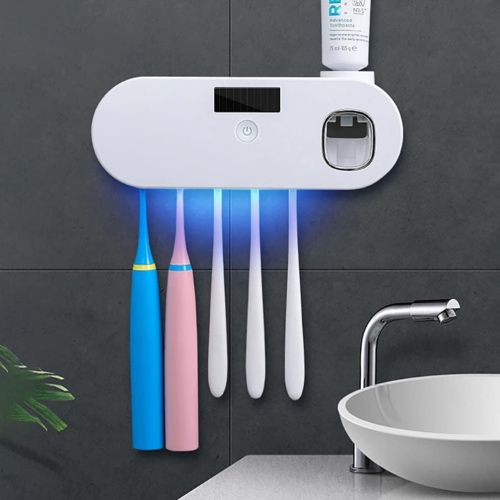  HEALLILY Toothbrush Sterilizer 5 Slots Toothbrush Organizer with Automatic Toothpaste Dispenser Wall Mounted Rechargeable Toothbrush Holder White