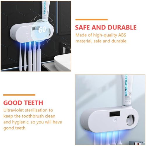  HEALLILY Toothbrush Sterilizer 5 Slots Toothbrush Organizer with Automatic Toothpaste Dispenser Wall Mounted Rechargeable Toothbrush Holder White