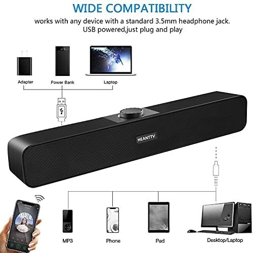  [아마존베스트]Computer Speaker, HeantTV 2.0 USB 5 W x 2 Wired Powered with 2 Membranes Wired Soundbar with Stereo, 3.5 mm Aux, Volume Control for Windows PC, Desktop, Laptop, Notebook, Smartphon