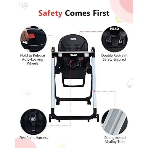  HEAO 3-in-1 High Chair for Babies & Toddlers, Foldable Highchair with 7 Different Heights,5 Reclining Seat Position and 3-Setting Footrest, Detachable Trays & Seat Cushion, 4 Wheel