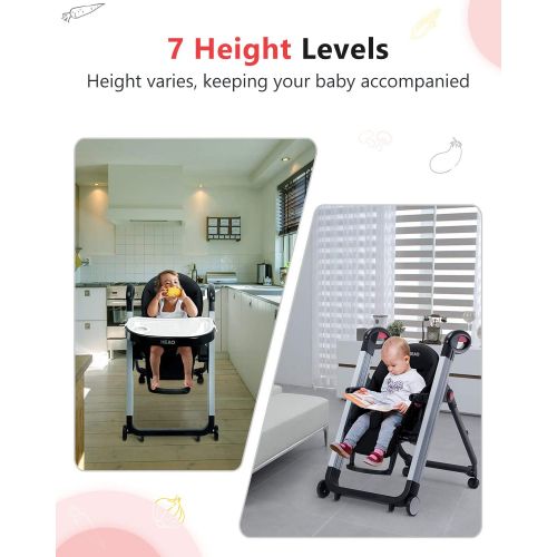  HEAO 3-in-1 High Chair for Babies & Toddlers, Foldable Highchair with 7 Different Heights,5 Reclining Seat Position and 3-Setting Footrest, Detachable Trays & Seat Cushion, 4 Wheel