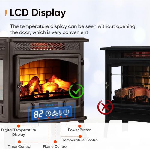  HEAO Electric Fireplace 3D Infrared Fireplace Stove 24 Freestanding Fireplace Heater for Indoor with Visible Control Panel and Remote, ETL Certified, Overheating Safety Protection,